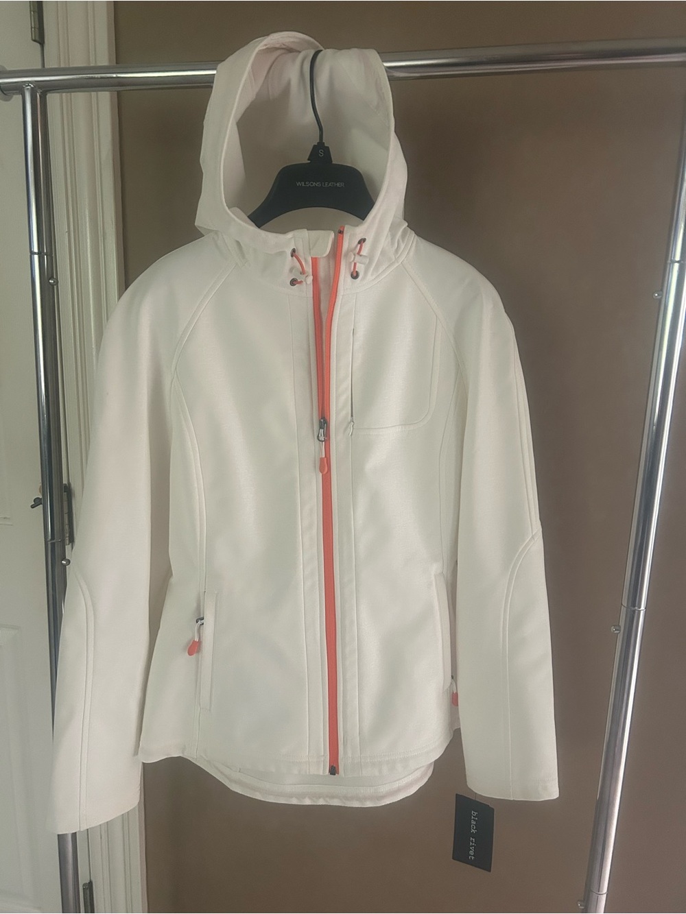 Wilsons Leather White Hooded Jacket with Coral Zipper Accents